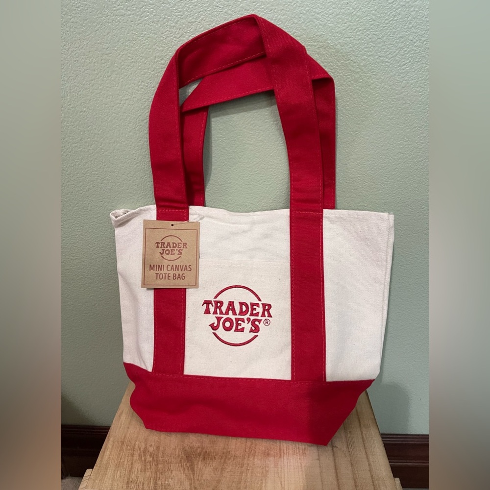 Trader Joe's Mini Canvas Red Beige Tote Bag Limited Edition New